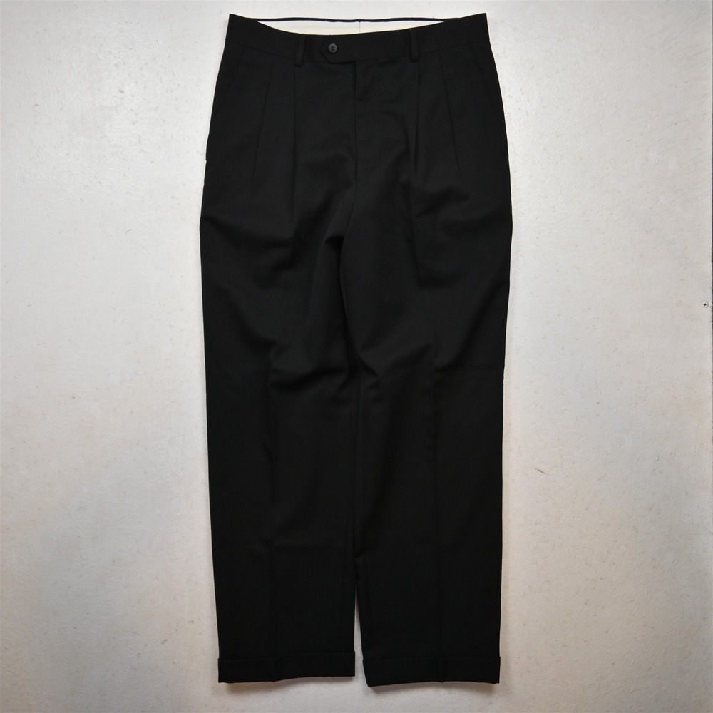 Vtg Y2K 2000s 30x30 Black 100% Wool Pleated Cuffed High Waist Baggy Dress Pants